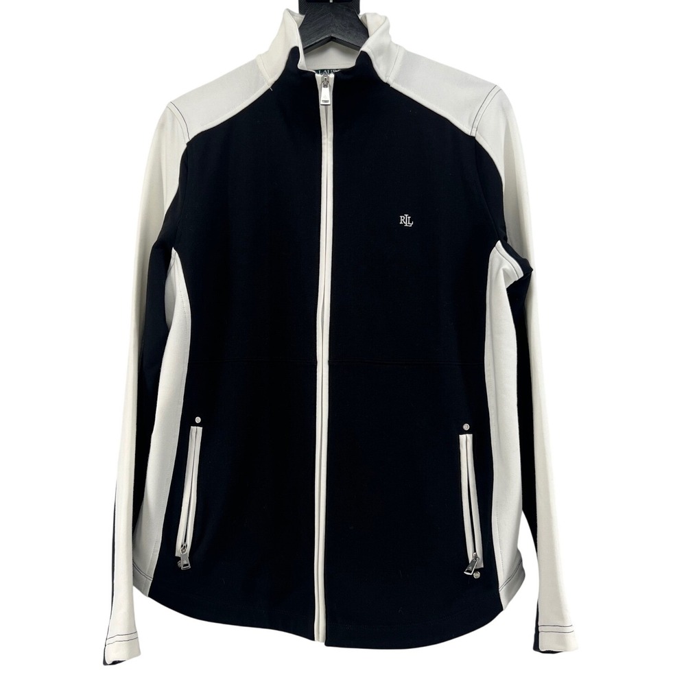 Lauren Ralph Lauren Womens XL Full Zip Jacket Black White Mock Neck